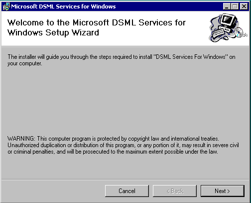 DSML Services for Windows Setup Wizard - Welcome Dialog Box