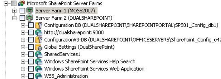 Пример с несколькими версиями SharePoint (панель "Ресурсы для резервного копирования" - вкладка "Просмотр по ресурсу")