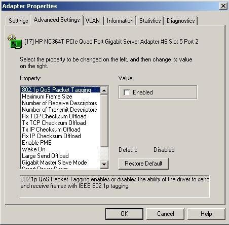 Adapter Properties Advanced Settings tab