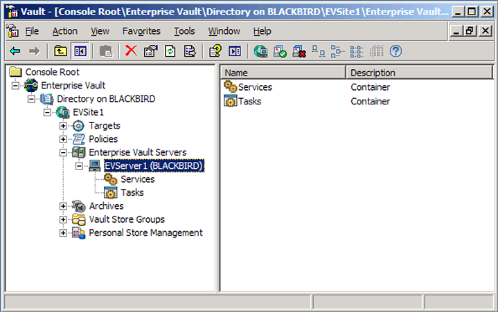 Enterprise Vault Administration Console showing the contents of an Enterprise Vault Directory