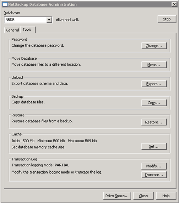 Tools tab of the Database Administration utility