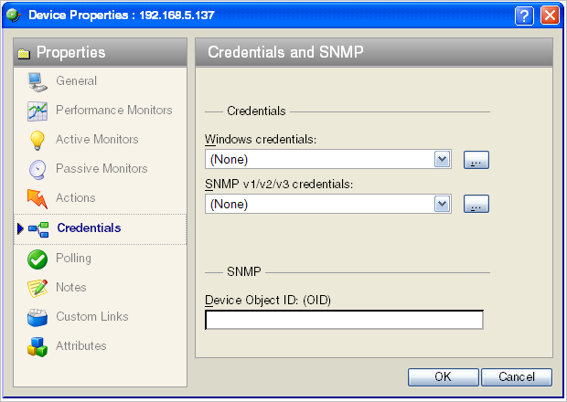 Device Property Credentials and SNMP dialog