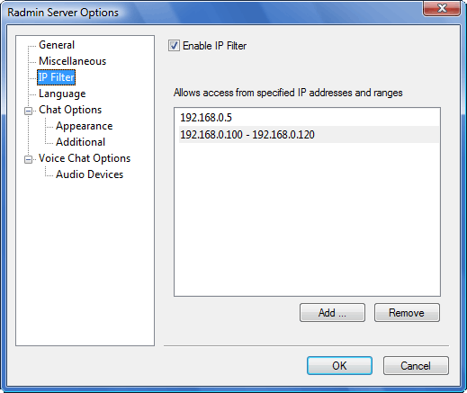 'IP Filter' server options window