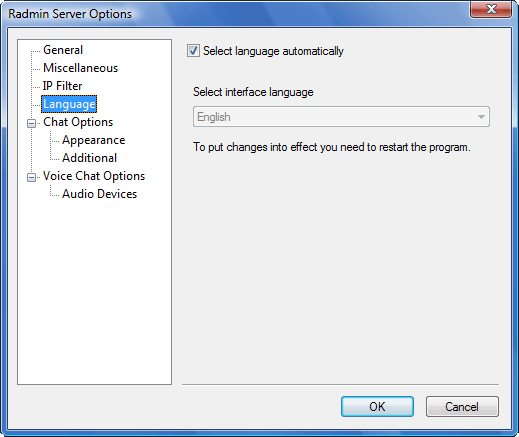 'Language' server options window