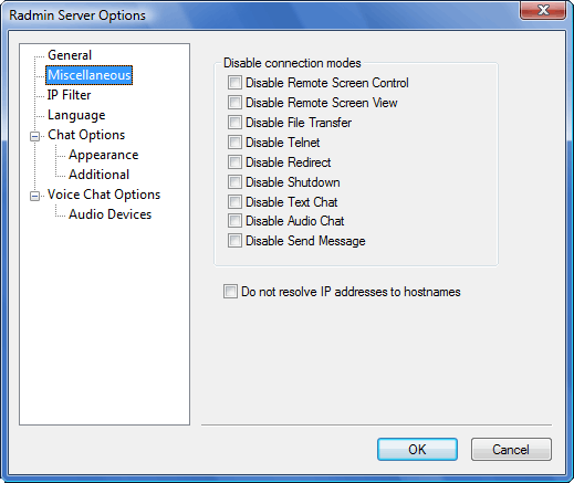'Miscellaneous' server options window