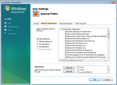 Windows Restrictions User Settings Screen Shot