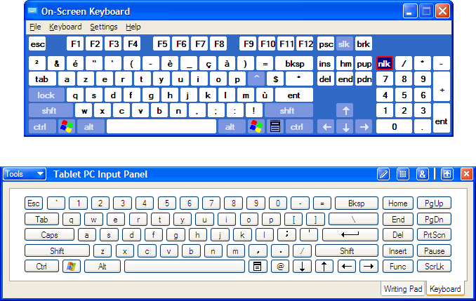Figure 2-3 Use the Windows on-screen keyboard (upper) for alternative keyboard layouts, such as this French layout, and for access to a number pad.