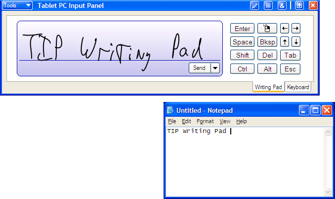 Figure 2-5 As with the Input Panel keyboard, place the cursor where you want the text to appear before writing on the Input Panel writing pad.