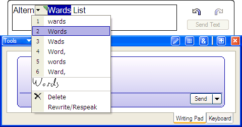 Figure 2-8 While text is still in the text preview pane, you can substitute from a list of alternates as well as perform drag and drop edits.