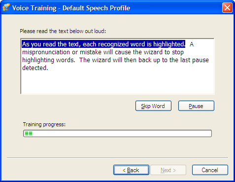 Figure 2-19 When you first open speech input, you enter a required speech training session. Optional additional sessions improve the recognition.