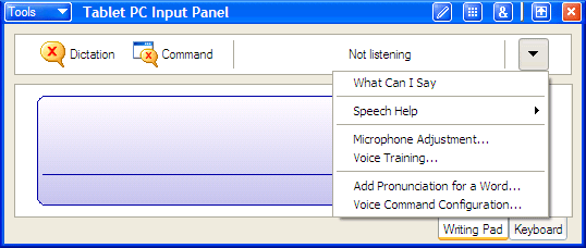 Figure 2-24 What Can I Say, microphone settings, voice training, and custom word pronunciation are available on the speech bar.